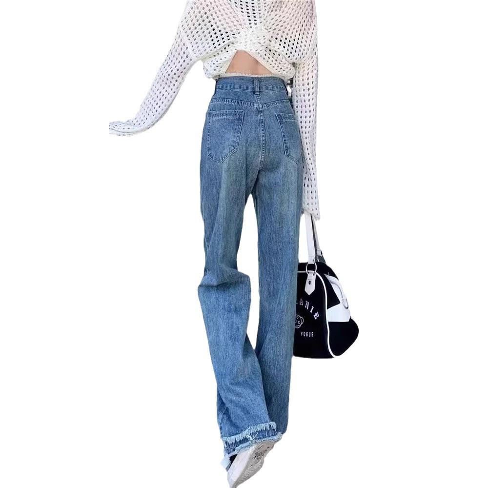 2025 New High-Waist Wide-Leg Jeans for Women - Plus Size, Raw Edge, Floor-Length, Slimming Fit, Spring & Autumn Collection.