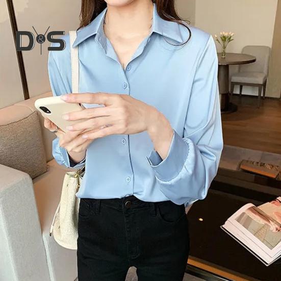 Women Shirt Pure Color Single Breasted Turn Down Collar Plus Size Long Sleeve Cardigan Soft Casual OL Commute Bottom Blouse Lady Top