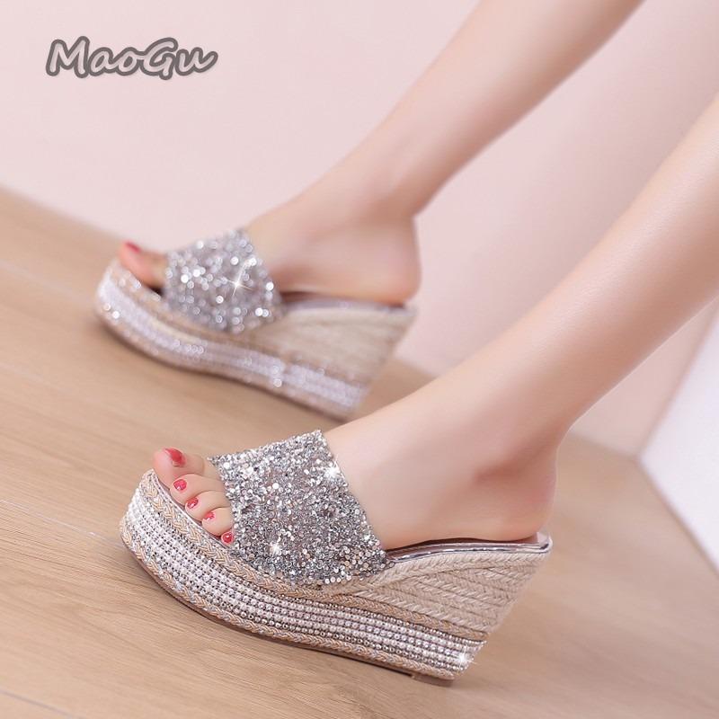 Fashion Platform Sandals Women 10cm Rhinestone Slippers Female Summer Pumps Fashion Sandalias Sexy De Mujer Women Summer Outwear Slides