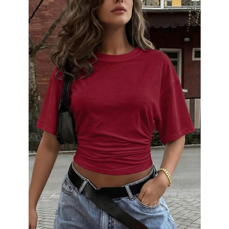 JPNTKY Women's Fashion Casual Solid Color Print Short Sleeve O-Neck Blouses & Shirts