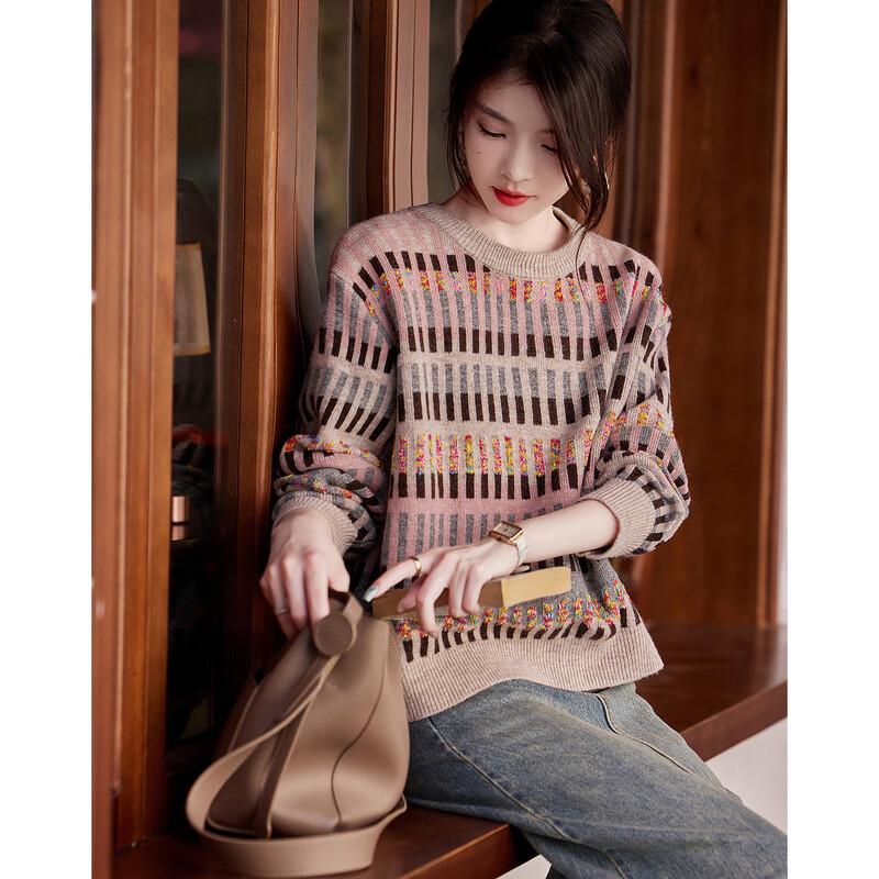 Demana Women's Retro Jacquard Round Neck Knit Sweater