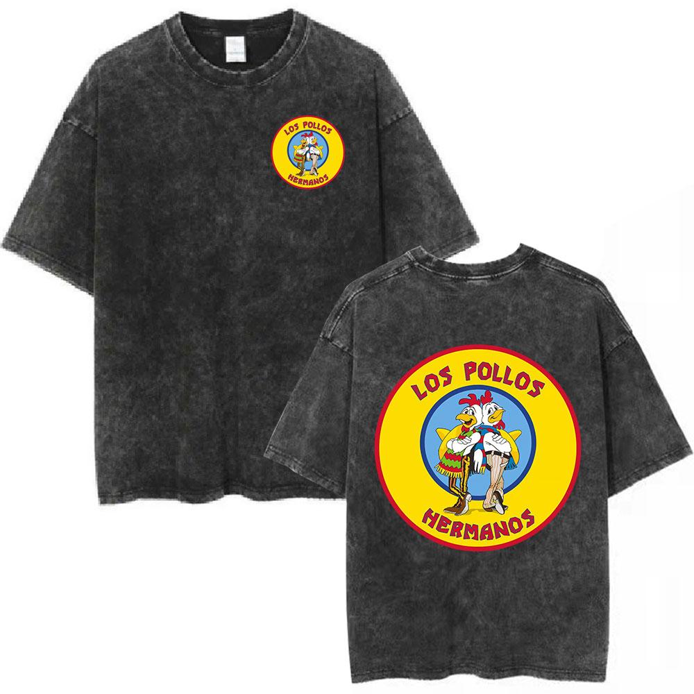 Unisex Los Pollos Hermanos Tshirt YK Breaking Bad Print Black Washed Oversized Short Sleeve Streetwear Tops
