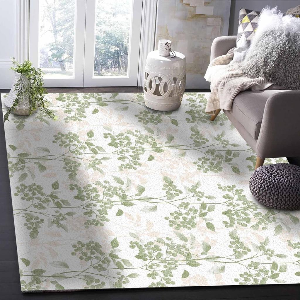 Green Fruit Washable Area Rugs Plant Nature Vintage Botanical Non Slip Rugs for Living Room Bedroom, Low Pile Floor Mat Large