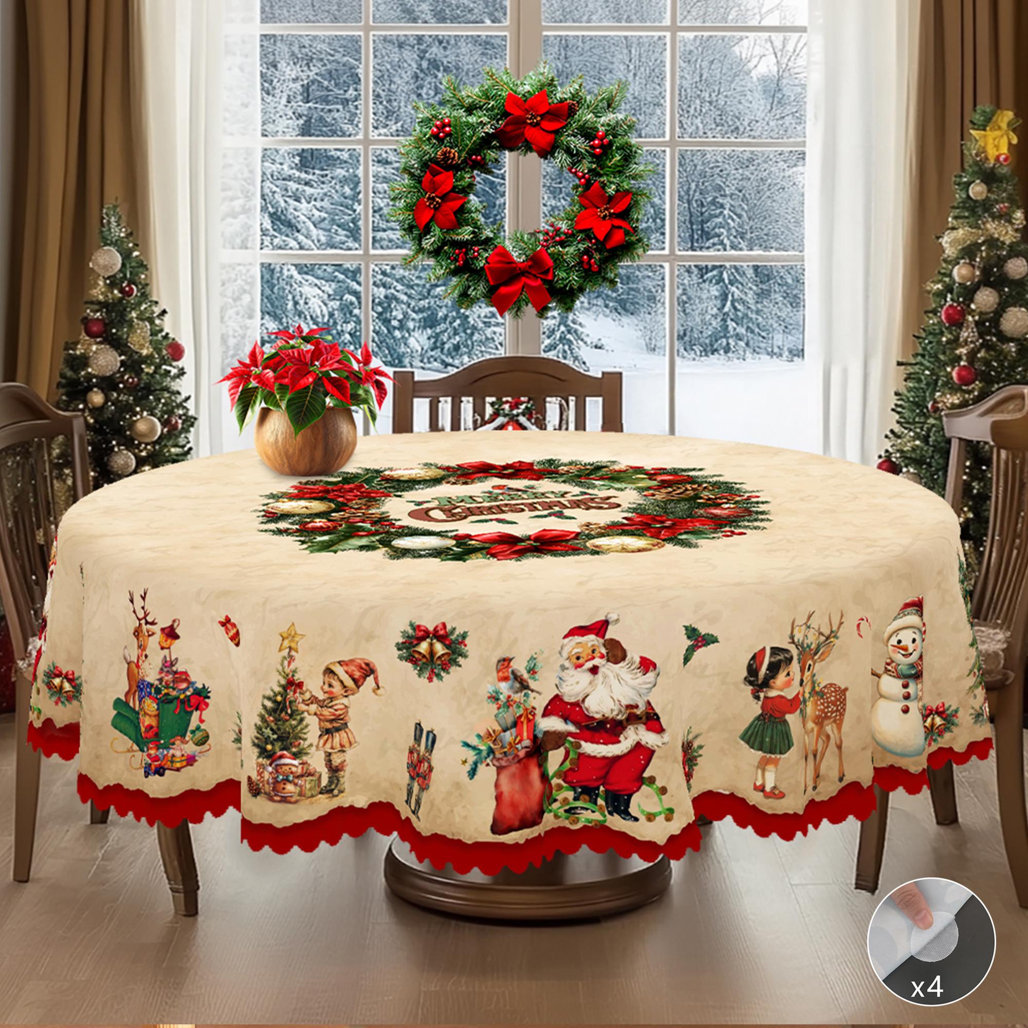 Kerst Vintage Boerderij Tafelkleed met Kerstman, rendieren & Kerstboom prints. Rechthoekige & ronde maten voor Kerst/Nieuwjaarsfeesten, keuken, binnen & Round (180)Cm