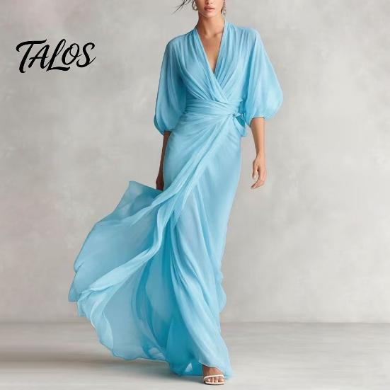 Women Casual Dress V- Neck Long for Summer Autumn, Solid Color Tie Waist A-Line Dress, Half Sleeves Swing Maxi Dresses