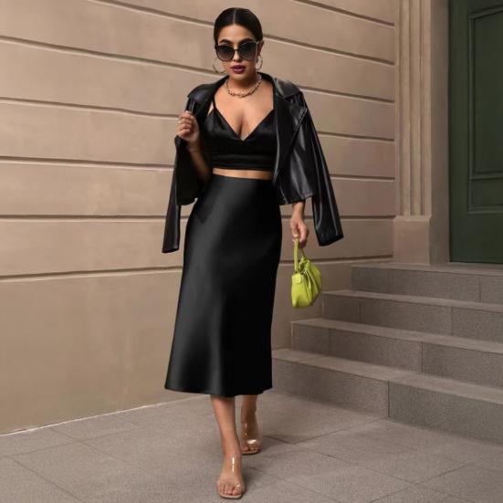 Women Midi Skirt High Waist Smooth Satin Fishtail Hem Slimming Skirt Travel Party Work Leisure Daily Wear