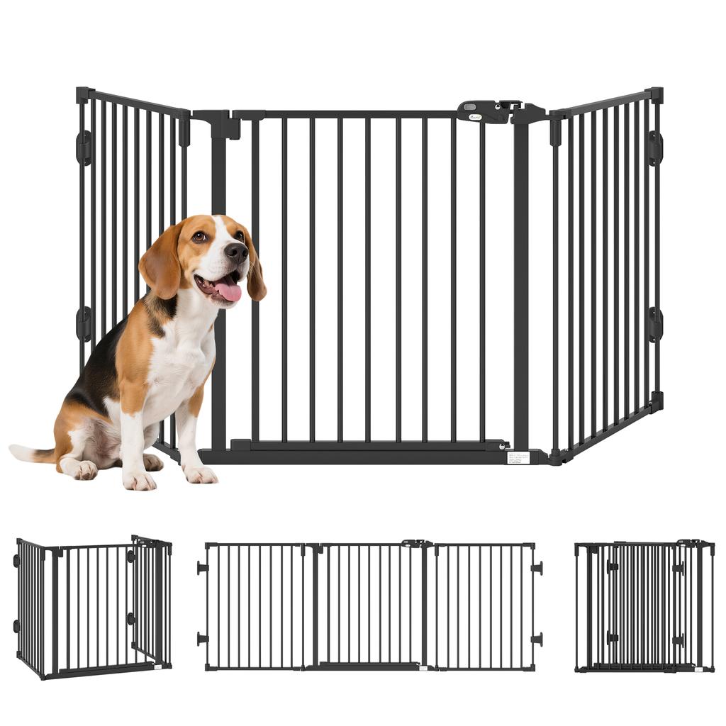 Folding Steel Dog Gate with Automatic Closure, 202.5x2x76cm, Black