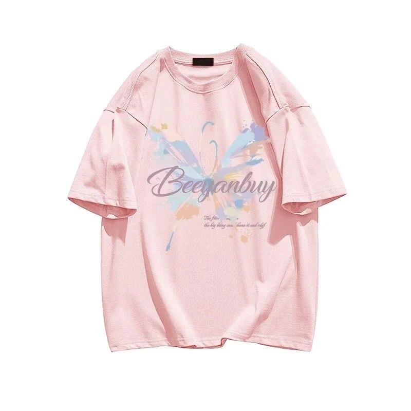 Sommer Uformelle y2k topper T-skjorter harajuku overdimensjonert sommerfugltrykk i ren bomull T-skjorte Grafisk Dame T-skjorter Hipster kawaii klær