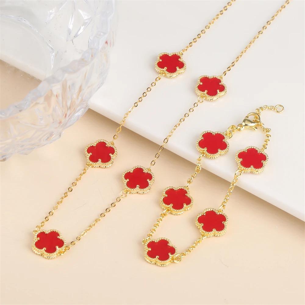 2024 Hot Sale 10 Colors Five-Leaf Flower Set Bracelet Necklace Classic Simple Women Zircon Set Suitable For Daily Party Wear