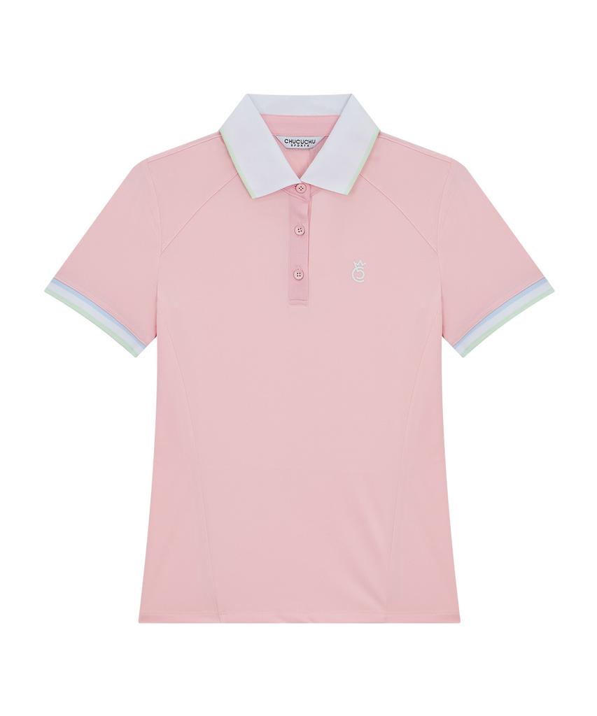 CHUCUCHU Line Back Mesh Collar Short Sleeve Top (Pink) Cbfss-Ts006W