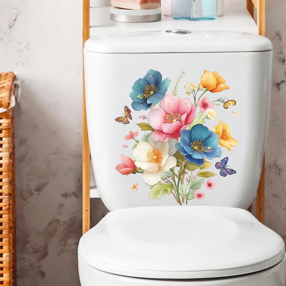 Hand Painted Blooming Floral Bouquet with Butterflies Bathroom Wall Sticker Self-Adhesive Removable Decal