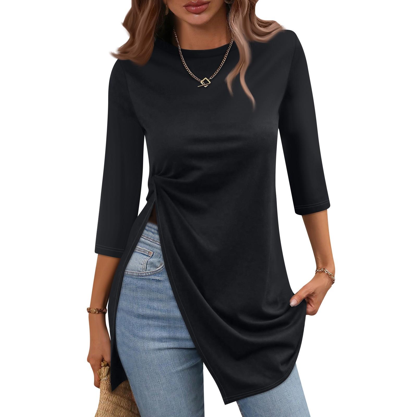 

Женская модная повседневная футболка с разрезом подол, круглый вырез, рукав 3/4, короткий рукав M чёрный