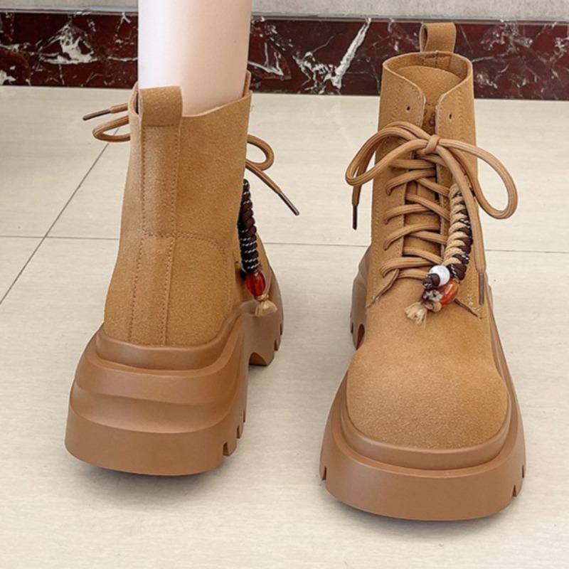 Mid Heels Lace Up Short Boots for Women Platform Shoes 2025 Winter New Suede Ankle Boots Designer Sneakers Dress Pumps