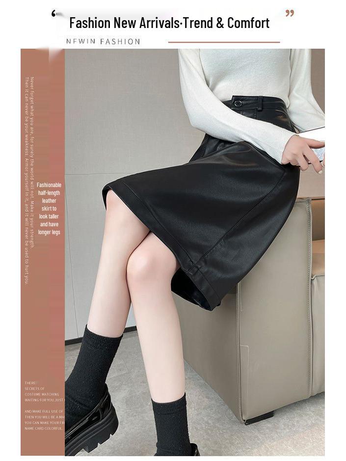 Plus Size Women's Leather Bodycon Midi Skirt - Slimming A-Line with Pockets for Autumn/Winter