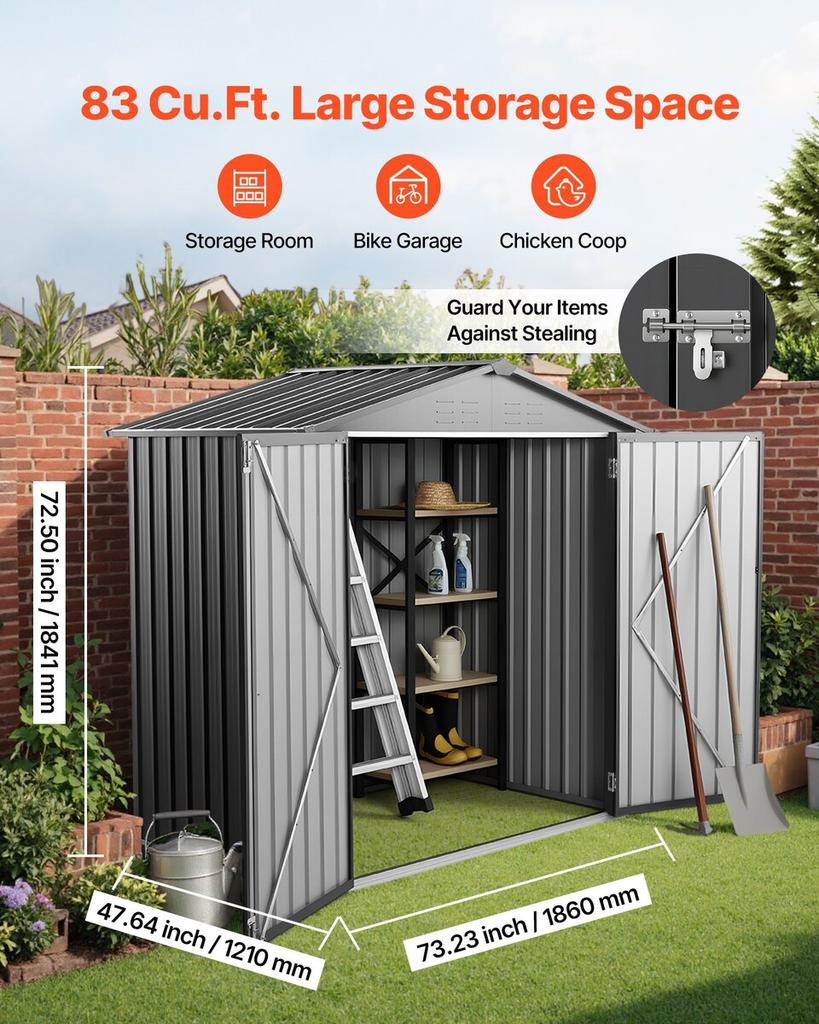 1860 X 1210 X 1841 Mm Metal Garden Shed, Outdoor Storage Shed with Lockable Doors & 4 Louver Vents, Peak Roof Metal Sheds Outdoors Storage, Storaged