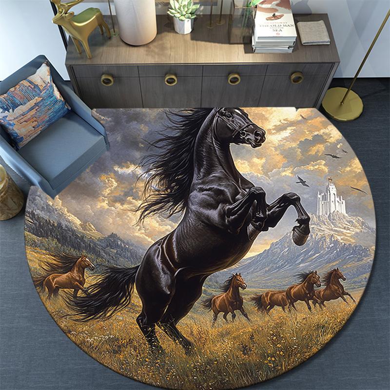 Black Horse Round Area Rug,Carpet Rug for Living Room Bedroom Sofa Playroom Decor,Non-slip Floor Mat