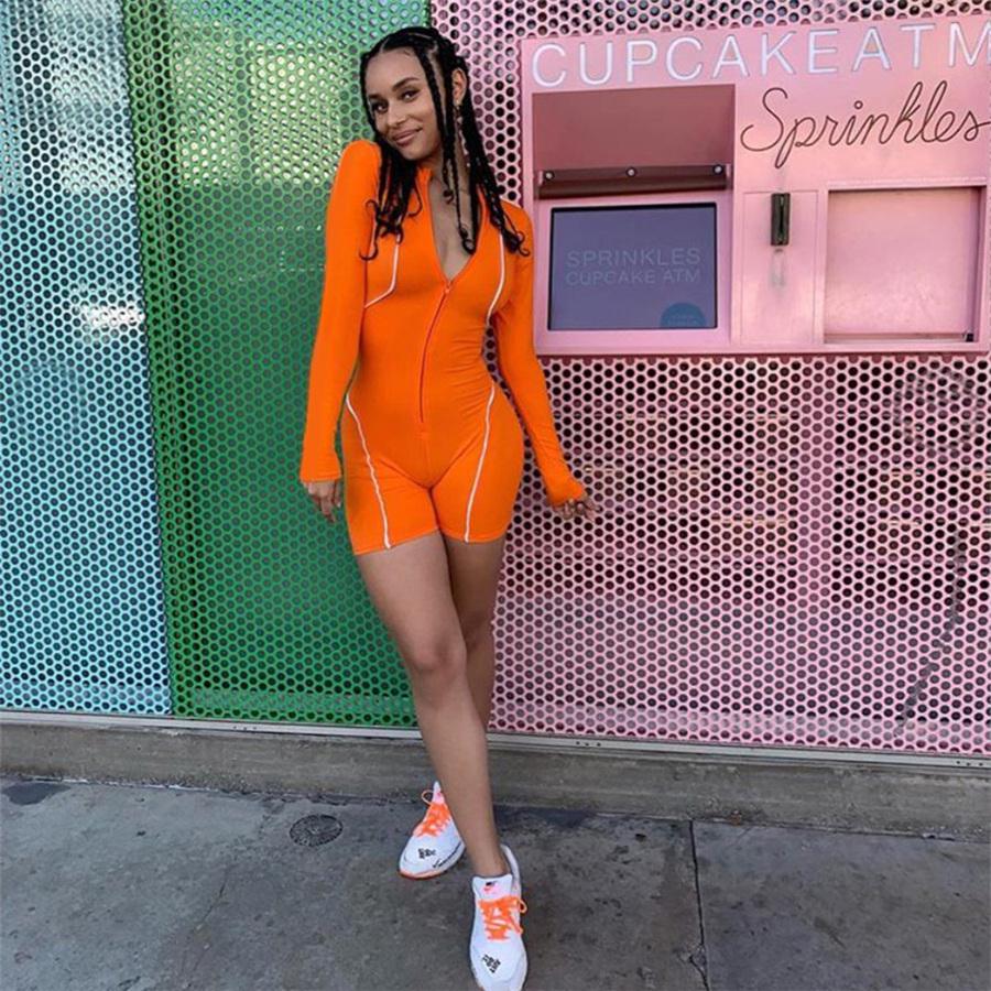 SCIONE Women Playsuit Full Sleeve Zipper Fly Reflective Striped Patchwork Rompers Skinny Bodysuits