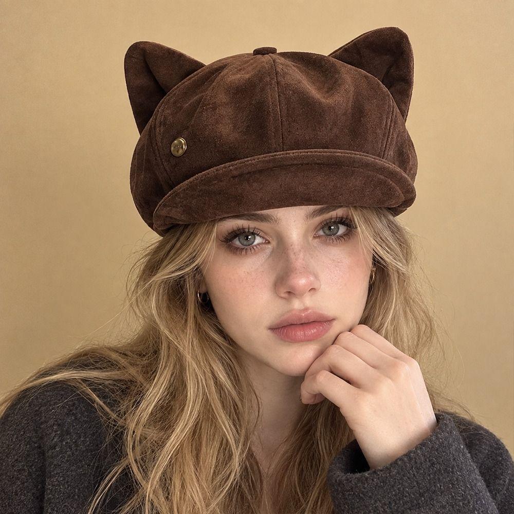Soft Fabric Cat Ears Hat Solid Color Octagonal Hat Vintage Newsboy Cap Autumn Winter