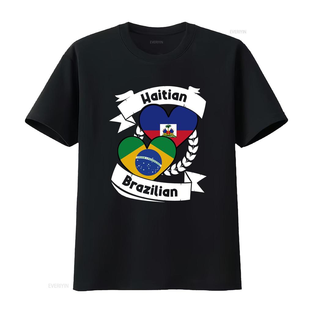 Haitian Brazilian Heart Flags Haiti Brazil T Shirt vintage Washed Soft fashion Breathable graphic Slightly