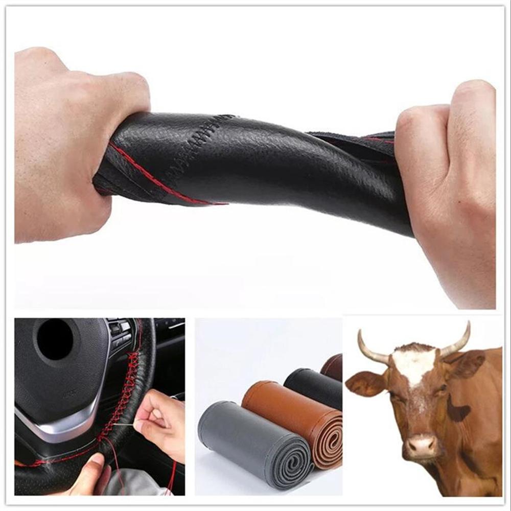 Universal Braid Steering Wheel Cover 38cm Leather Hand Sewing Steering Wheel Cover Genuine Cowhide Leather with Needles Thread