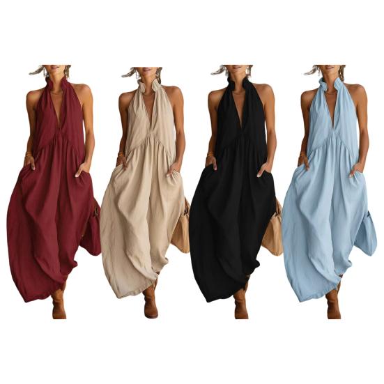 Maxikleid für Damen Lässig Locker V-Ausschnitt Ärmellos Boho Langkleid Strandurlaub Fließendes Sommerkleid mit Taschen