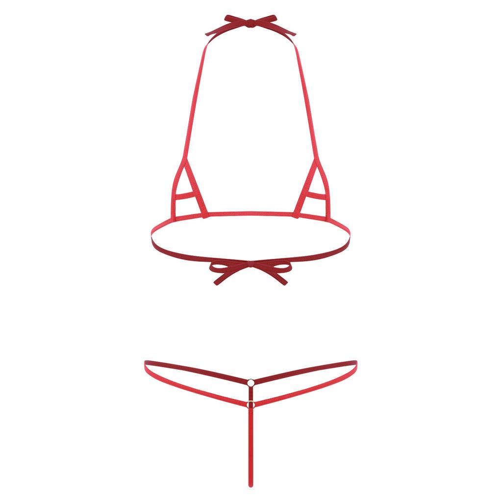 Womens Sheer Micro Bikini Set Halter Bra Top-G string Thong Swimsuit