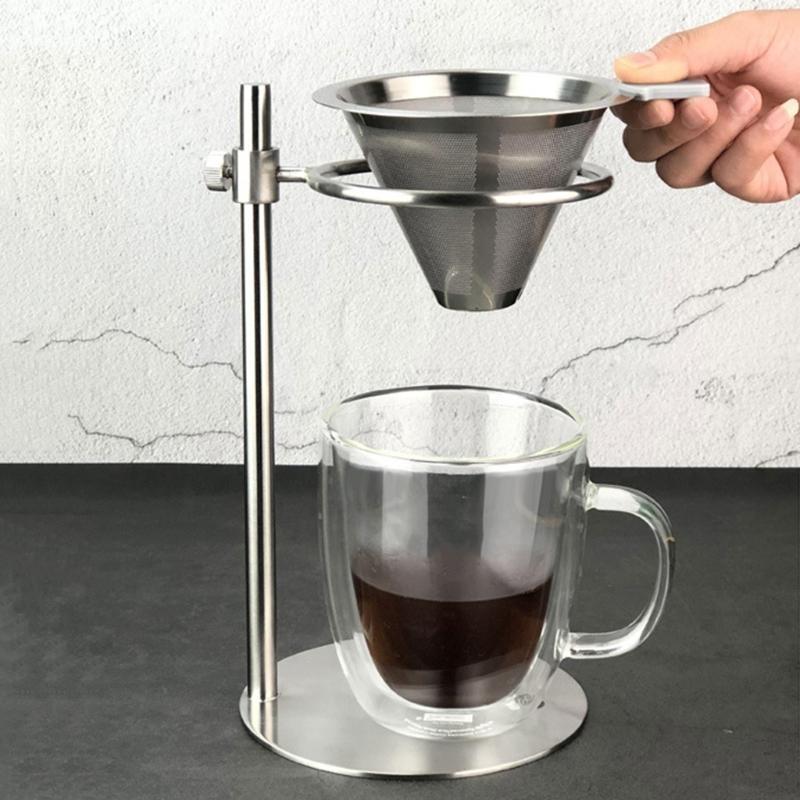 Adjustable Stainless Steel Coffee Maker Station Stand with Double Filter Freestanding Drip Cone Brewer