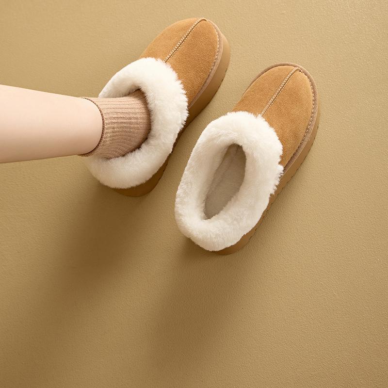 Small Size Leather Snow Boots Women's 2025 Autumn Thick-soled Non-slip One-pedal Real Hairy Short Boots Casual Snow Cotton