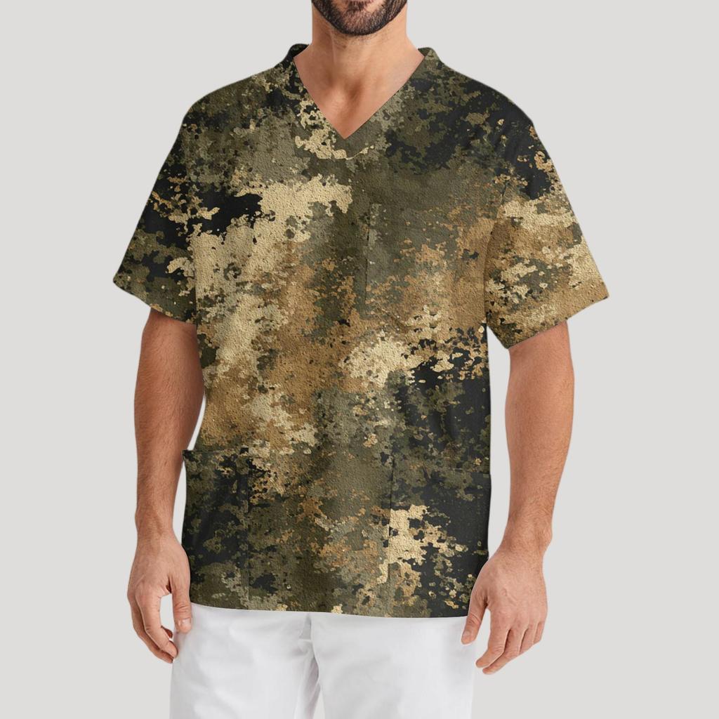 Men's Printing Short Sleeve V-neck Working Blouse Chest Pocket Carer Top