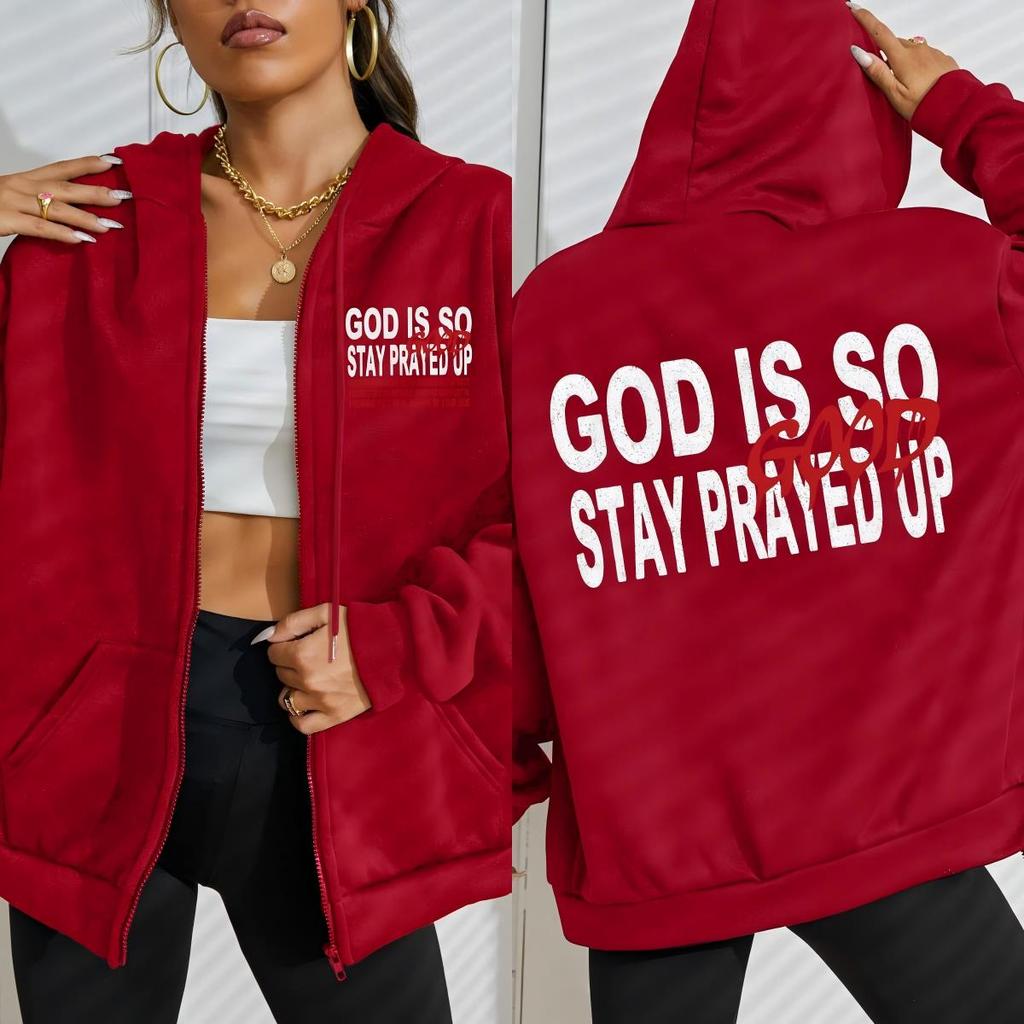 God Is So Good Stay Prayed Up Print Women Zipper Hoody Autumn Loose Clothes Casual Fleece Hoodies Tracksuit