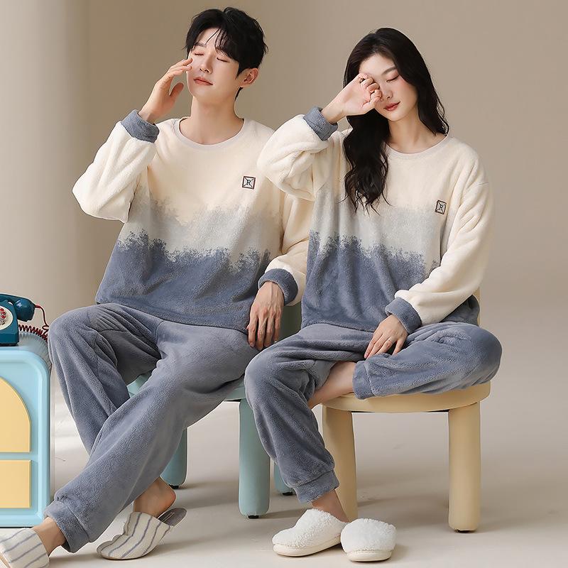 Winter Neu Flanell Verdickt Samt Rundhals Pullover Paar Pyjama Set, Tragen Warme Hauskleidung