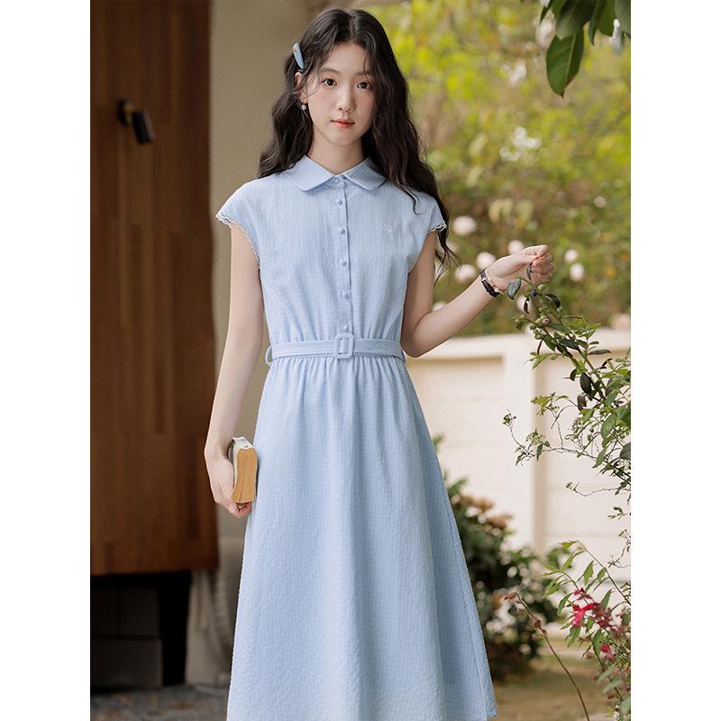 **2025 Summer Blue Plaid Sleeveless Polo Collar Slim Waist Vest Dress**
