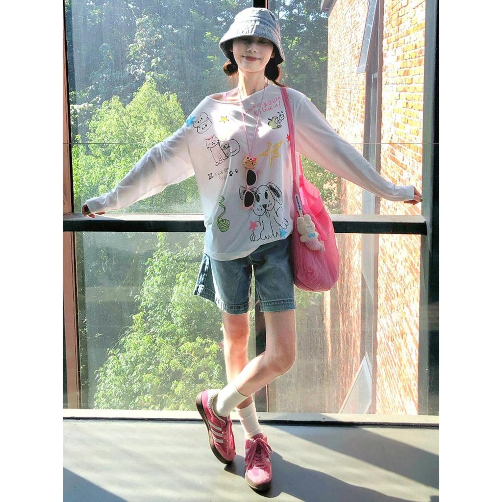 No price reduction #Painted fun printing slanted shoulder sunscreen blouse women's thin loose long-sleeved t-shirt top