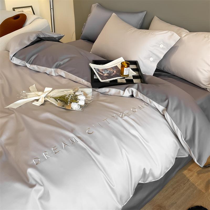 Light luxury double 120 count long-staple cotton bed four-piece set of pure cotton sheets and fitted sheets embroidered duvet cover and duvet cover