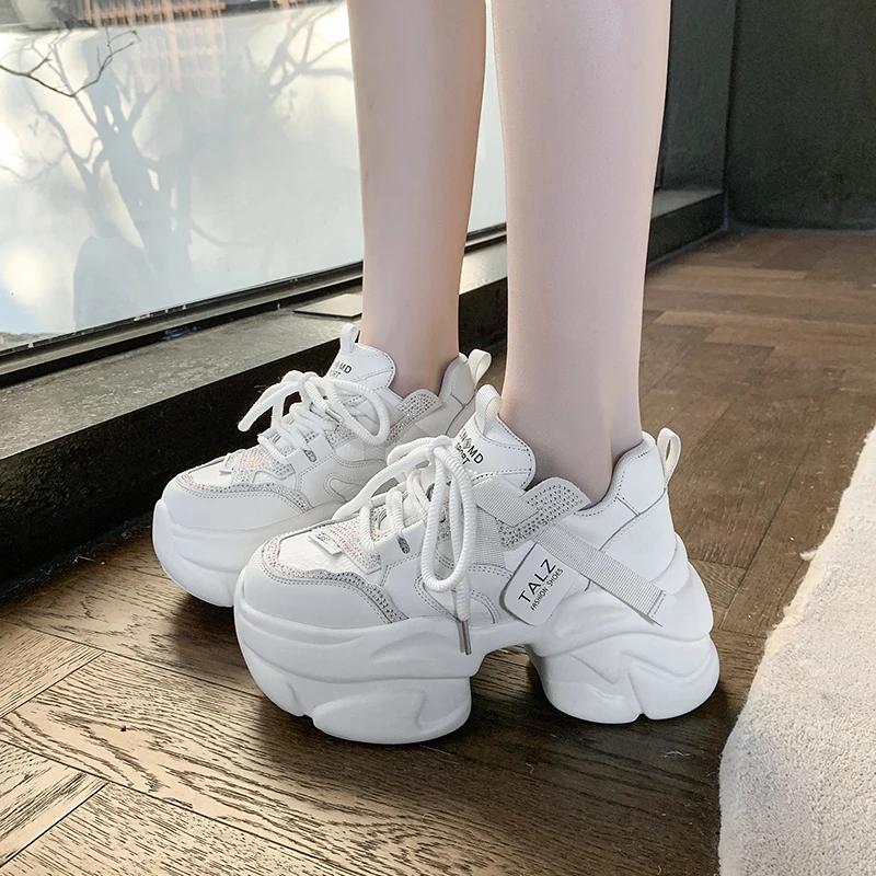 Fashion 8.5CM Microfiber Leather Women Casual Chunky Shoes New Autumn High Platform Wedge Heels Sneakers Outdoor Skateboard Dad Shoes