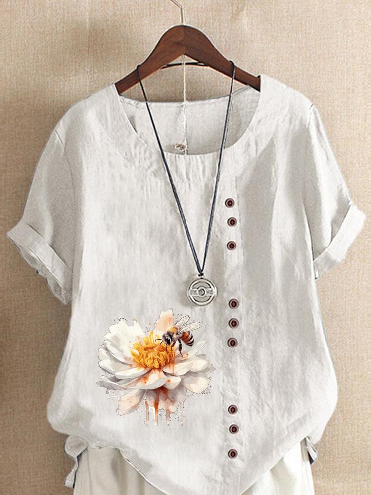 Damenmode Blume Biene Print Rundhals Kurzarm T-Shirt Lässig Baumwolle Leinen Grafikshirt Freizeit Locker Sommer Bluse Oberteile
