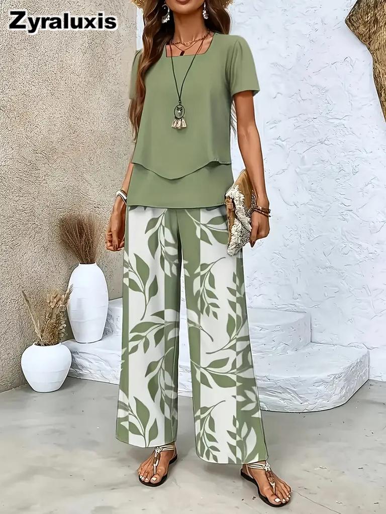 Women's Fashion New Arrivals Printed Top Wide Leg Pants Set