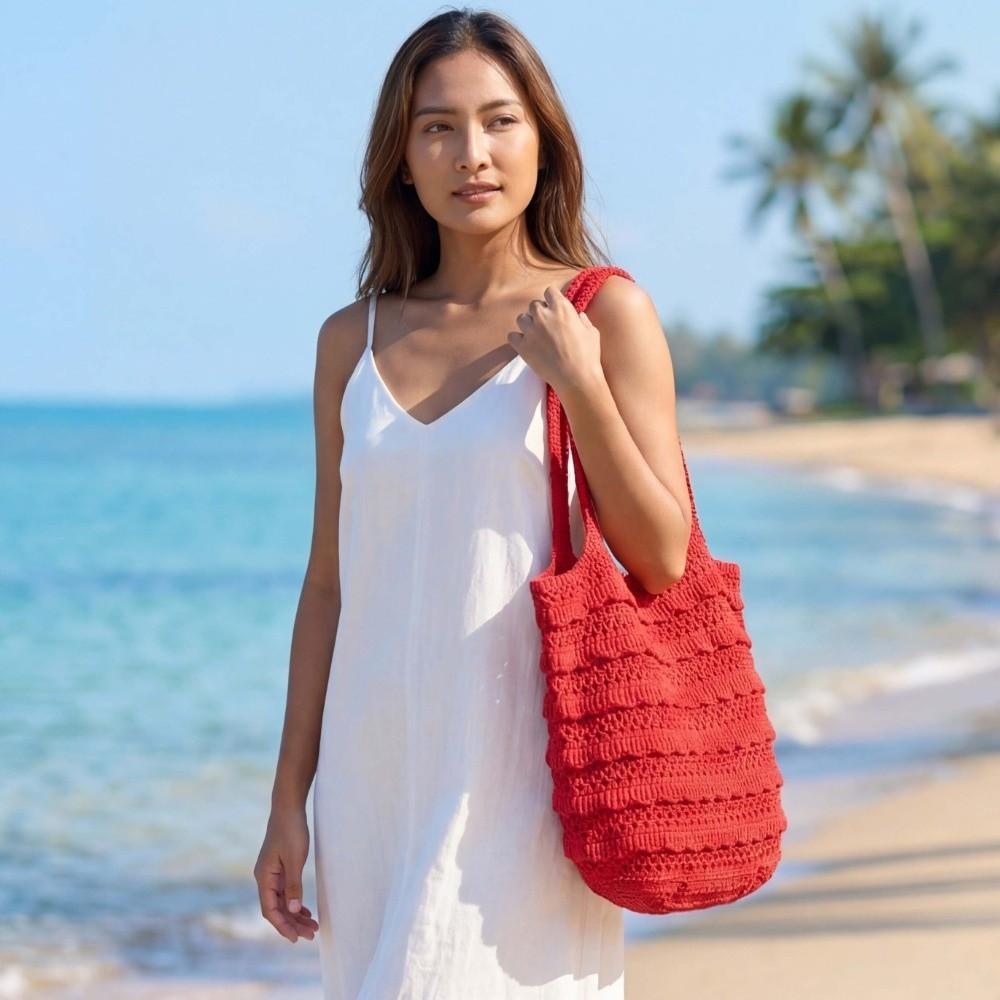 Sweet Crochet Shoulder Bag Large Capacity Seaside Vacation Handbag Knitted Tote Bag  Summer