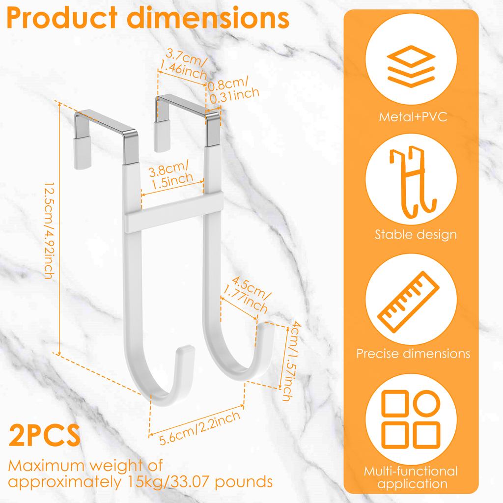 2 Pcs Over Door Hook Metal Double Door Hanger Hook Kitchen Bathroom Cabinet Door Back Type Coat Towel Storage Hanger