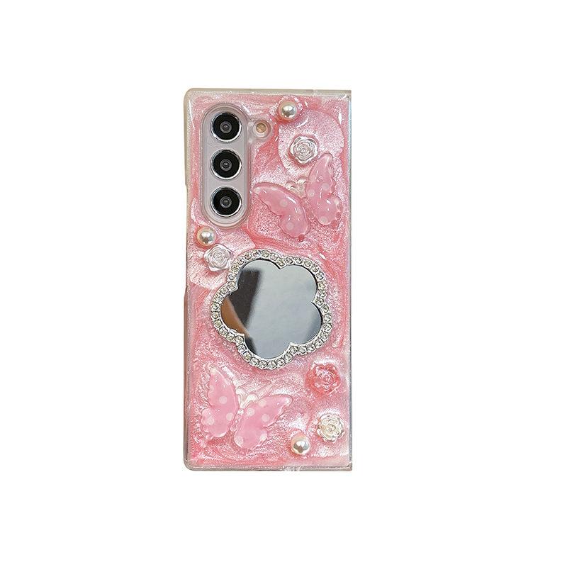 Diamond Flower Mirror Phone Case for Samsung ZFLP6 Flip Up Folding Screen ZFold 5 Butterfly Women's New Style