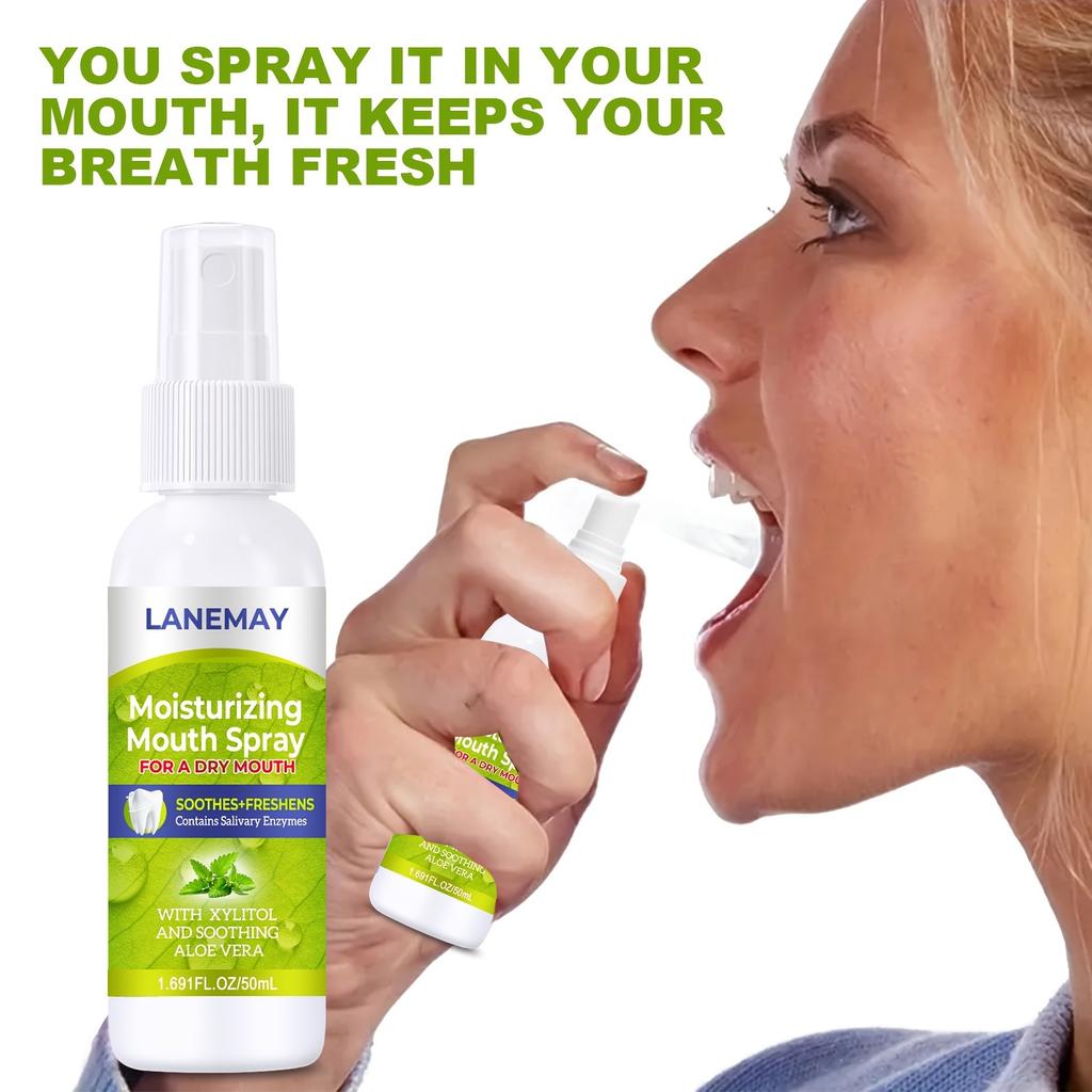 Lanemay Alcohol-Free Dry Mouth Moisturizer with Xylitol and Aloe Vera - Instant Relief Salivary Enzyme Breath Freshener, 1.69fl Oz/50ml