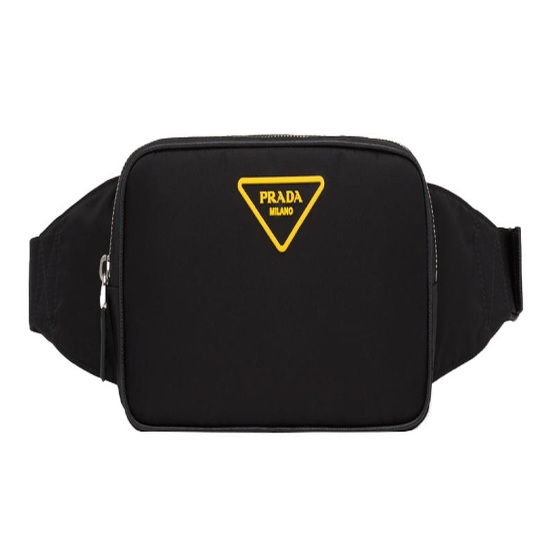 Prada Saffiano Yellow Logo Nylon and Cowhide Belt Bag Men's Black