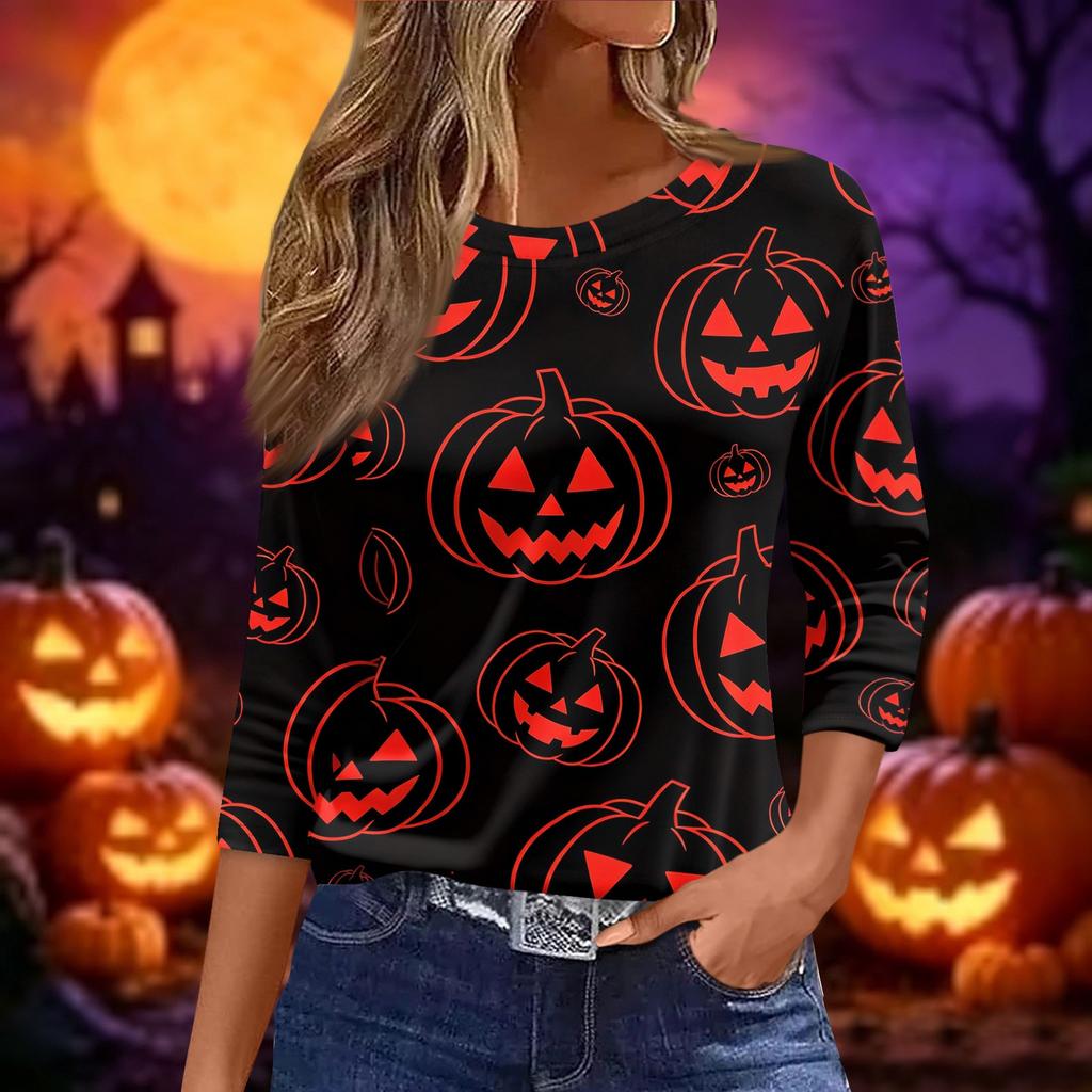 Women's Halloween Print 3/4 Sleeve Loose Fit Casual Round Neck Shirt Pumpkin Candy Pattern Top for Fall Seasonal Wear
