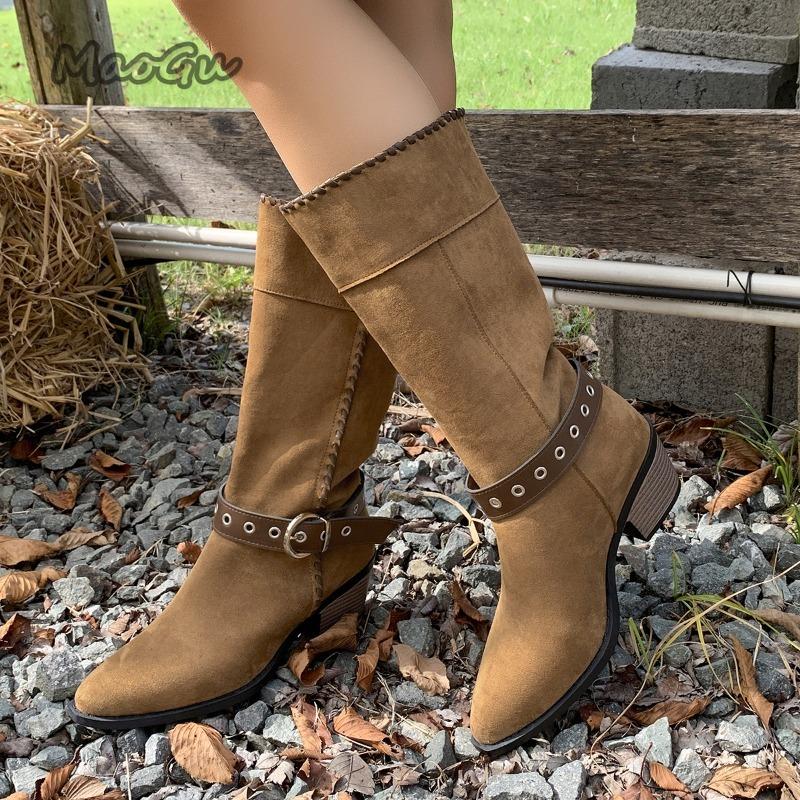 Fashion Belt Buckle High Heel Western Mid-Calf Boots Women 2025 Autumn Winter Suede Vintage Knight Boots Size 35-42 Bottes Femmes Black