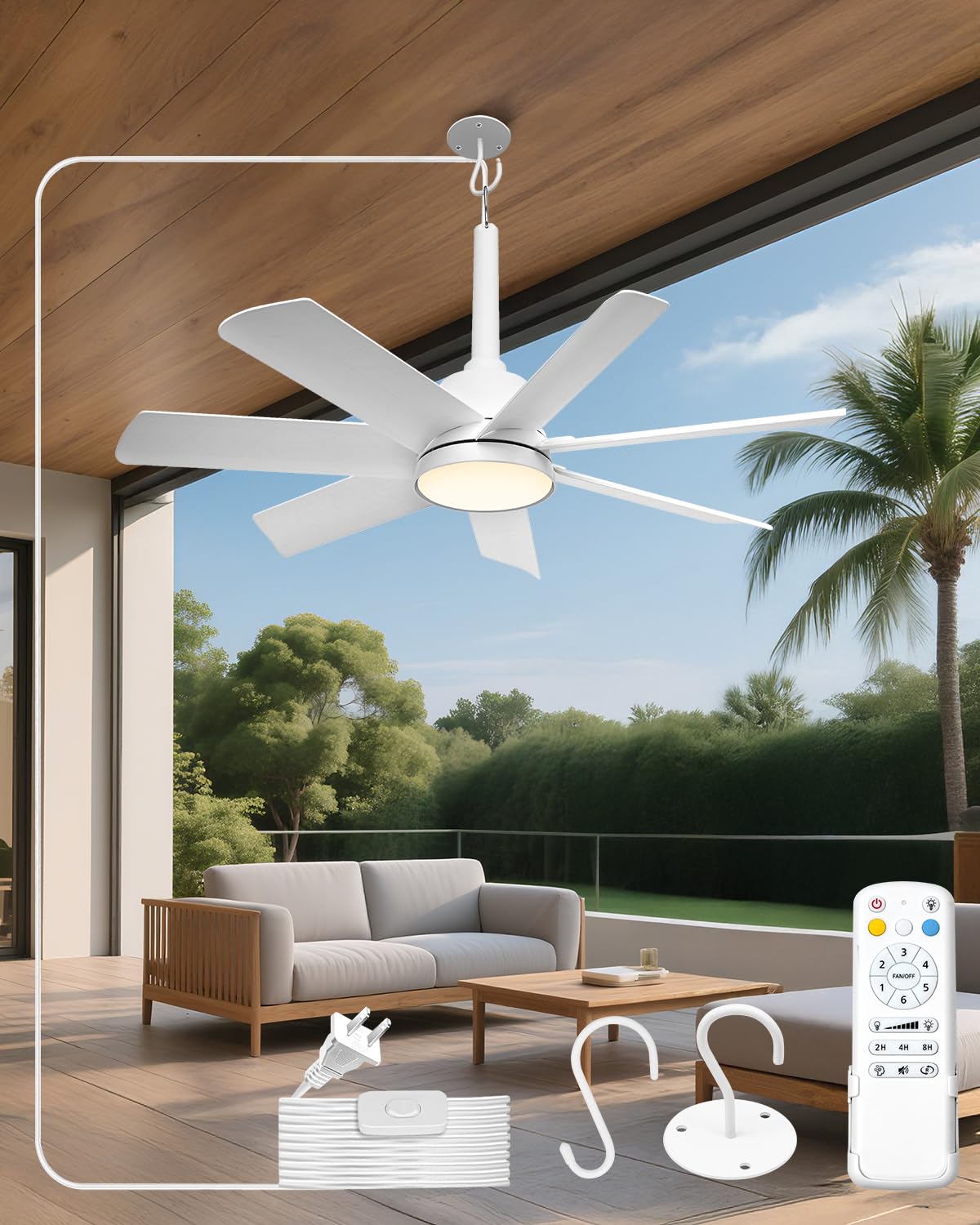 

Outdoor ceiling fan with light, hanging, IP65 waterproof, circulator, LED fan light, remote control, 7 blades, high airflow, forwardreverse rotation,
