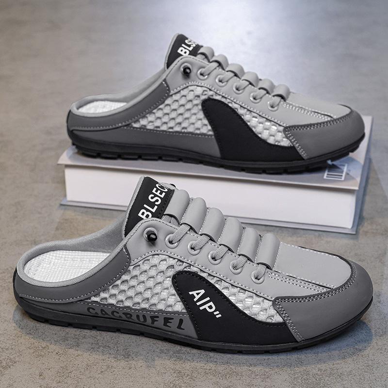 

Men s Fashionable Sports Semi Slippers Summer Breathable Mesh Fabric Brand Designed One Foot Shoes 2025 New Casual Daily Wear 39 серый