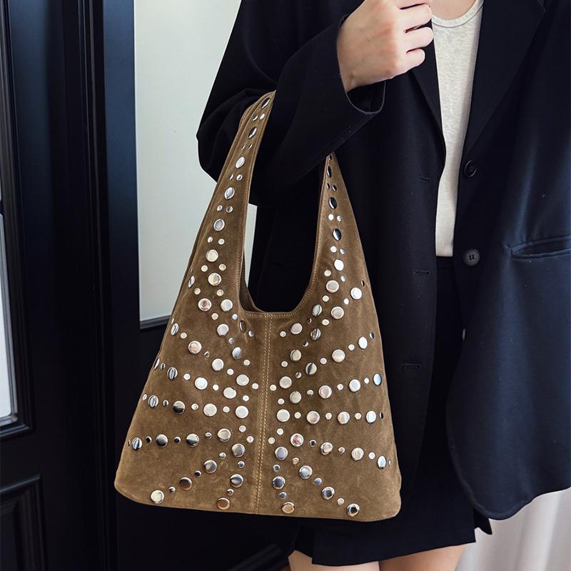 European American Fashion Tote Bags Stylish Shoulder Bags With Studs Dots New Suede Handbags Versatile Solid Color Commuter Bags