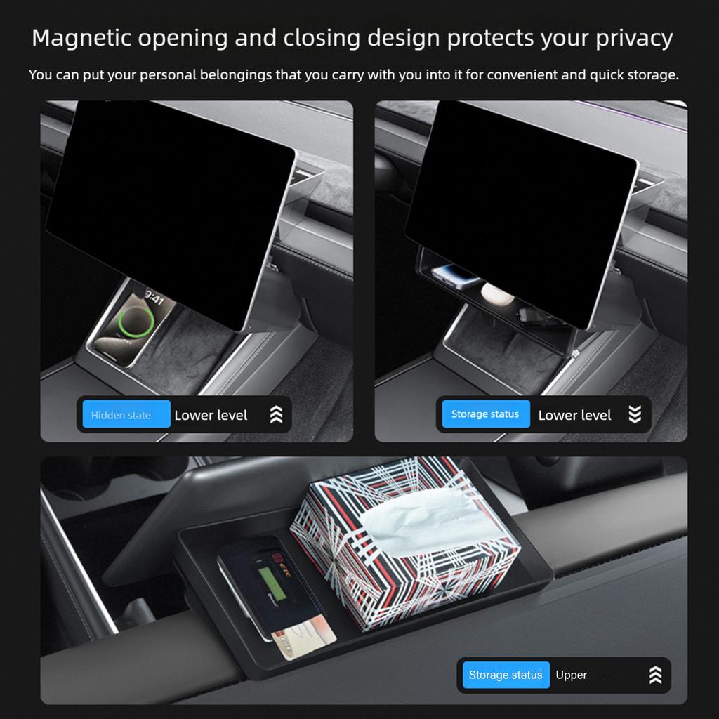 Car Storage Box for 3 / Y Juniper Magnetic Open Close Expand Under Screen Space Vehicle Interior Organizer