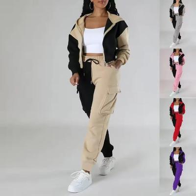 Women Loose Autumn Winter Suit Matching Sets Hoodie Tracksuit Blocked Zipper Short Outerwear Drawstring Pants
