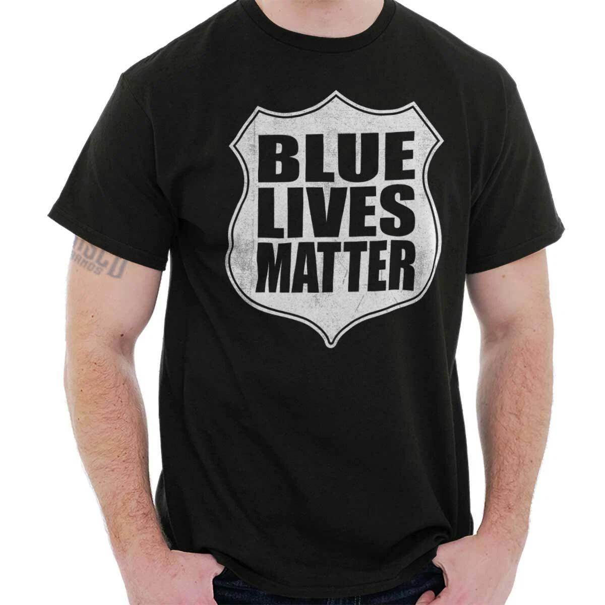 Blue Lives Matter Protest Police Cop Badge Womens or Mens Crewneck T Shirt Tee S